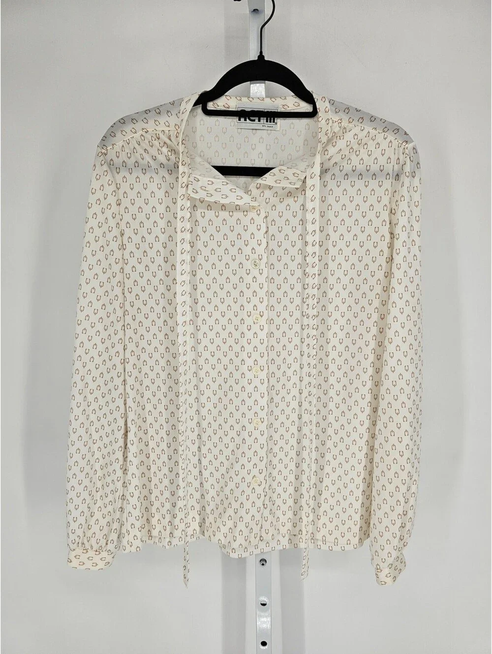 Vintage 1960s ACT III Womens Sz L Button Up Blouse Cream Beige Print
